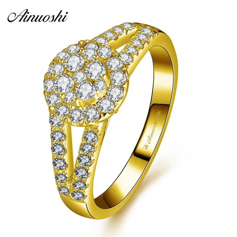 

AINUOSHI 10k Solid Yellow Gold Halo Ring Wedding Engagement Jewelry Anillo Luxurious Bridal Band Bague 2 Rows Drills Hollow Ring