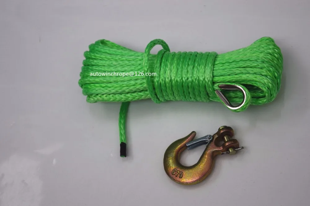 Free Shipping Green 6mm*15m Synthetic Winch Rope&1/4" Hook,ATV Winch