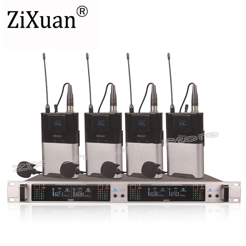 المهنية 4-قناة نظام مكبر صوت لا سلكي ذو تردد فوق العالي UHF الديناميكي 4 يده مؤتمر Lavalier سماعات ميكروفون نظام