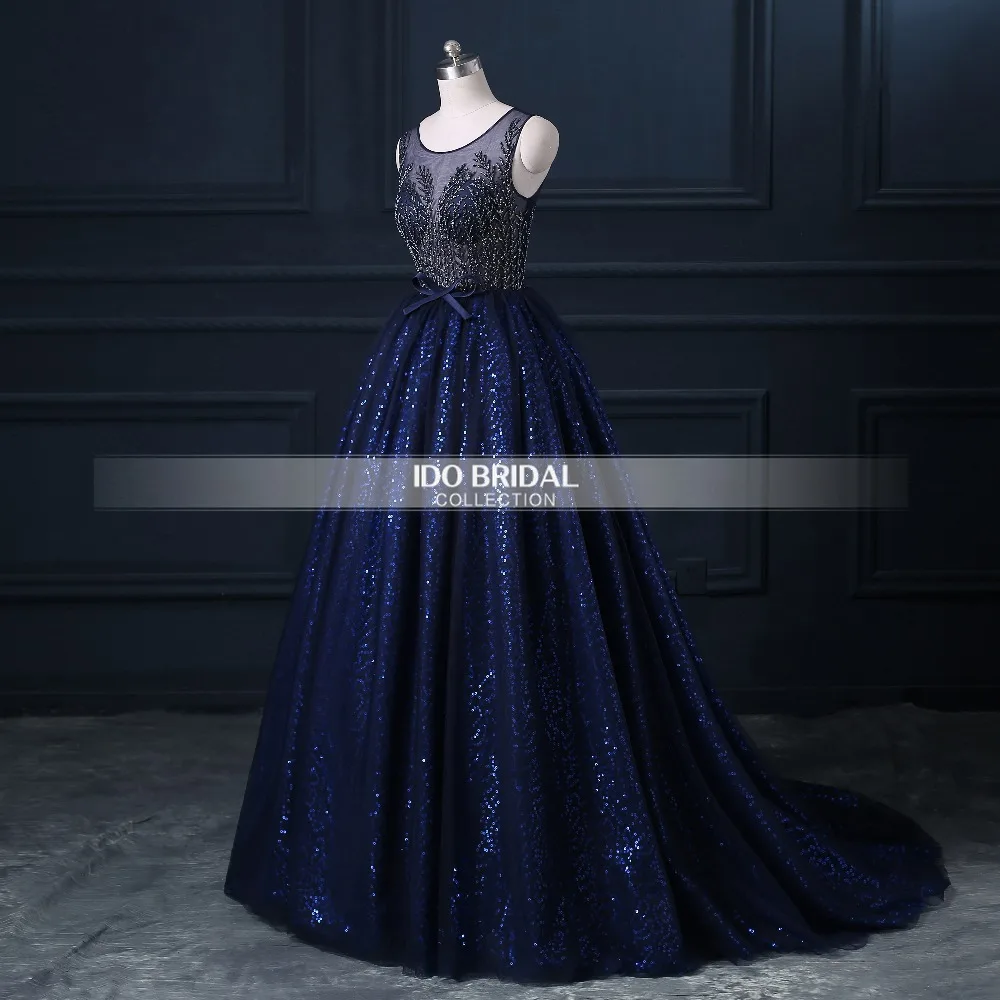 Настоящее Изображение темно синее прозрачное блестящее вечернее платье с