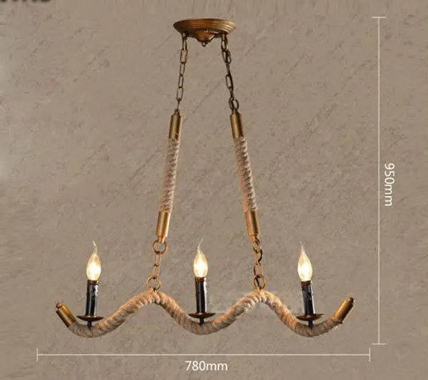 

AC100-240V 78*95cm 3pcs E14 candle hemp Chandeliers vintage pendant wrought iron bar restaurant wave hemp rope chandelier