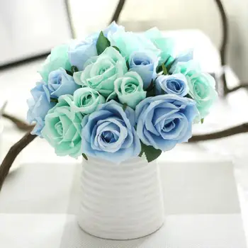 

9 Pcs Artificial Silk Fake Flowers Leaf Roses Flannel Bridal Bouquet Wedding Party Home Decoration indoor Blue