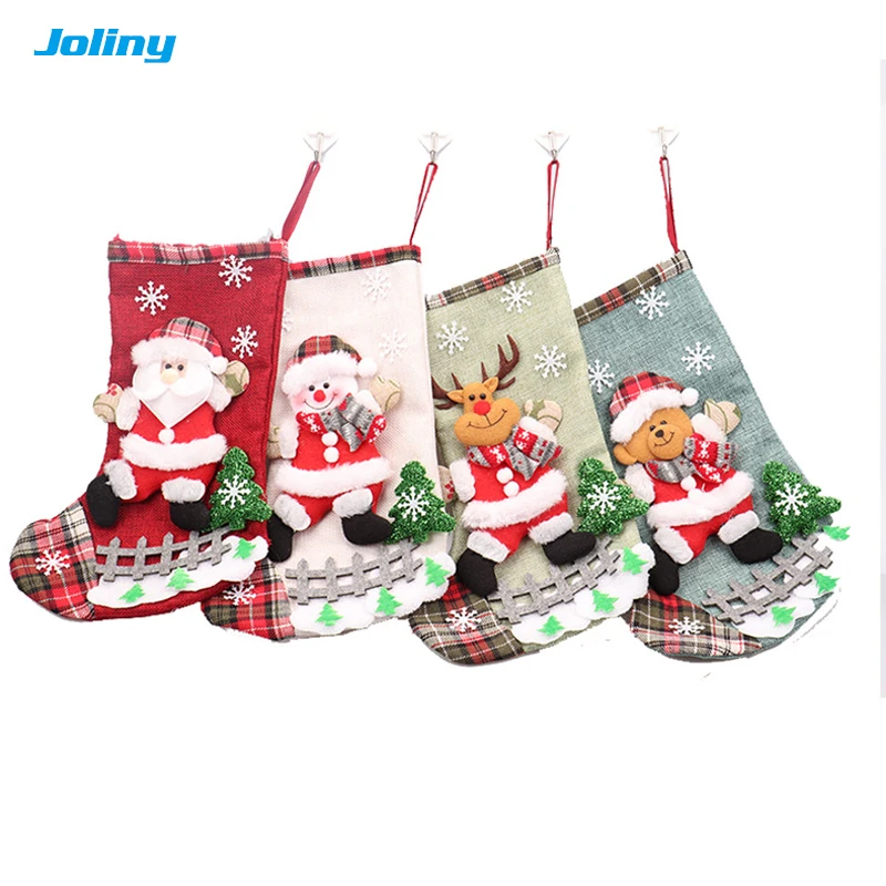 

4 color one set hanging Christmas Stocking Santa Claus Snowman reindeer bear gift sock home Xmas Pendant Decorations Ornament