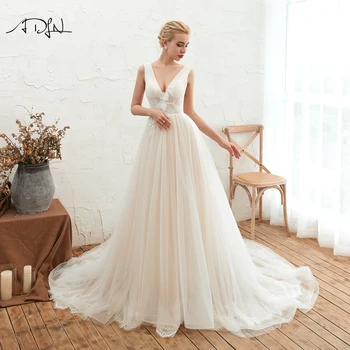 

ADLN Deep V Neck Garden Wedding Dress Sweep Train Plus Size Bridal Gown Lace Vestido De Casamento Backless Bride Dress