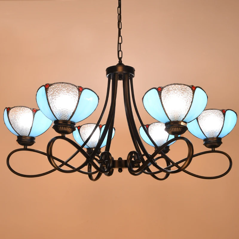 

Mediterranean Tiffany Baroque Stained Glass Suspended Luminaire E27 Chain Pendant Lights Parlor Dining Room Hanging Lighting