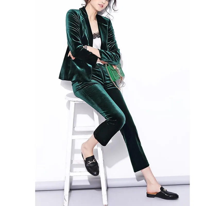 Velvet-Pant-Suits-Women-pant-suits-Spring-New-High-Street-Shine-Velvet-Pant-Suits-Navy-Blue (1)