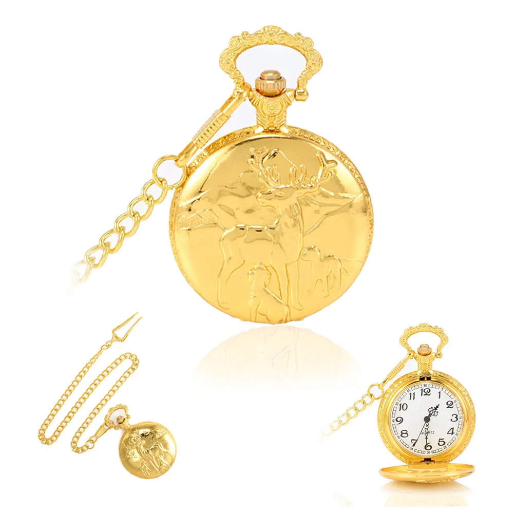 

Gold Pocket Watch Animal Elk Deer Quartz Mechanical Watch Pendant Necklace Chain Clock Jewelry Gifts For Lover Couple @17 TT@88