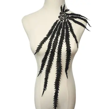 

Black Fabric Tassel Leaves Appliques Embroidered Wedding Gown Trimmings Collar Sew On Patches For Dress DIY Decoration