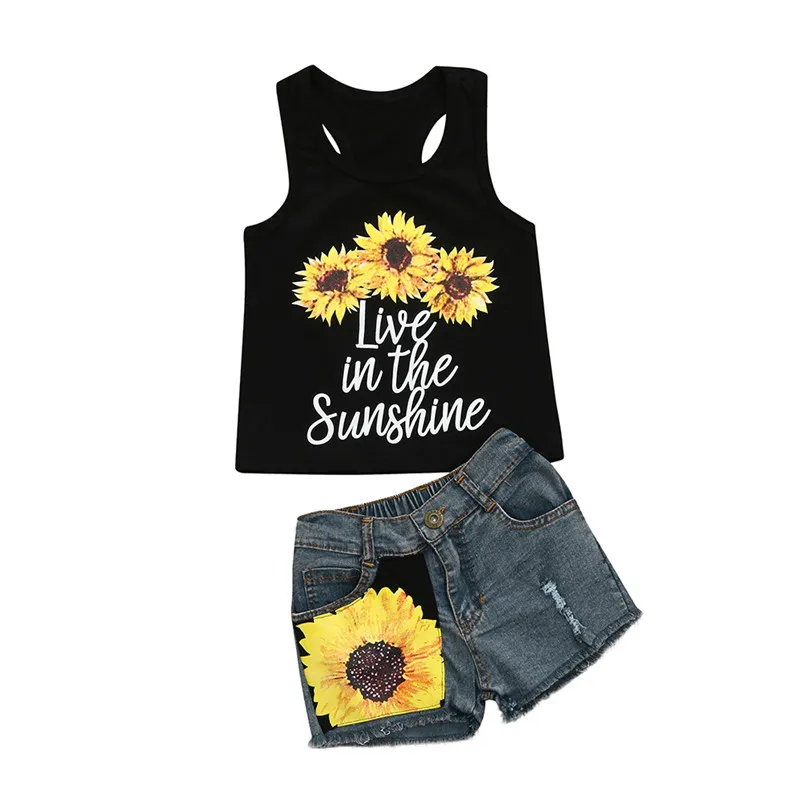 Girls suit summer 2019 new Toddler Baby Girls Letter Print Vest Tops T-Shirt Floral Denim Shorts Outfit Set (2)