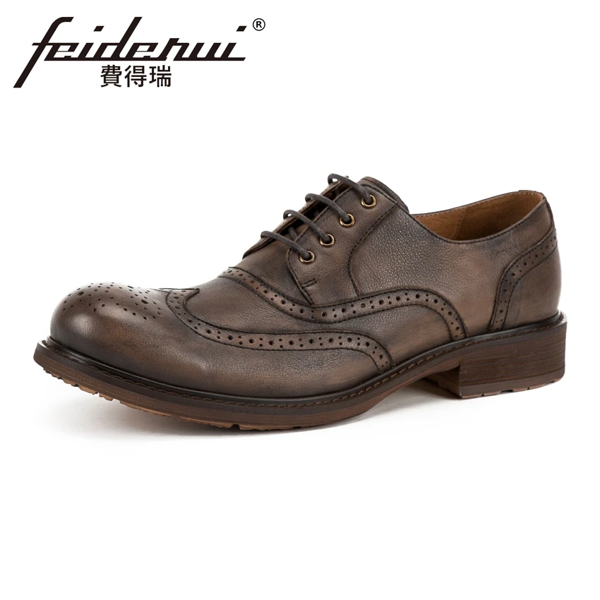 

Vintage Genuine Leather Men's Oxfords Round Toe Man Wingtip Business Flats British Designer Handmade Formal Dress Shoes KUD190