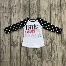 Новое поступление, эксклюзивная футболка для маленьких девочек с надписью «little miss» на год Длинная черная футболка в горошек, одежда хлопковые реглан, фейерверк