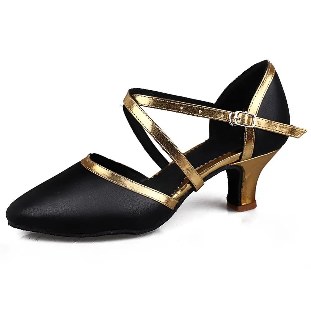 Женская обувь для латинских танцев атласная/PU Танго/бальных/каблуках сальса сандалии больше стиля для девочек 5 см - Цвет: 5cm heel BlackGold