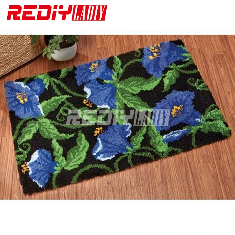 

Latch Hook Rug Kits Unfinished Crocheting Tapestry 3D Yarn Needlework Cushion Sets for Embroidery Carpet Blue Morning Glory Mat