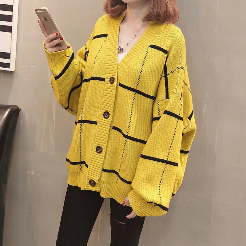 Cardigan Feminino 2018 Spring New V-Neck Plaid Loose Sweater Women Long Sleeve jumper Oversize knitted Cardigans Yellow Sweaters