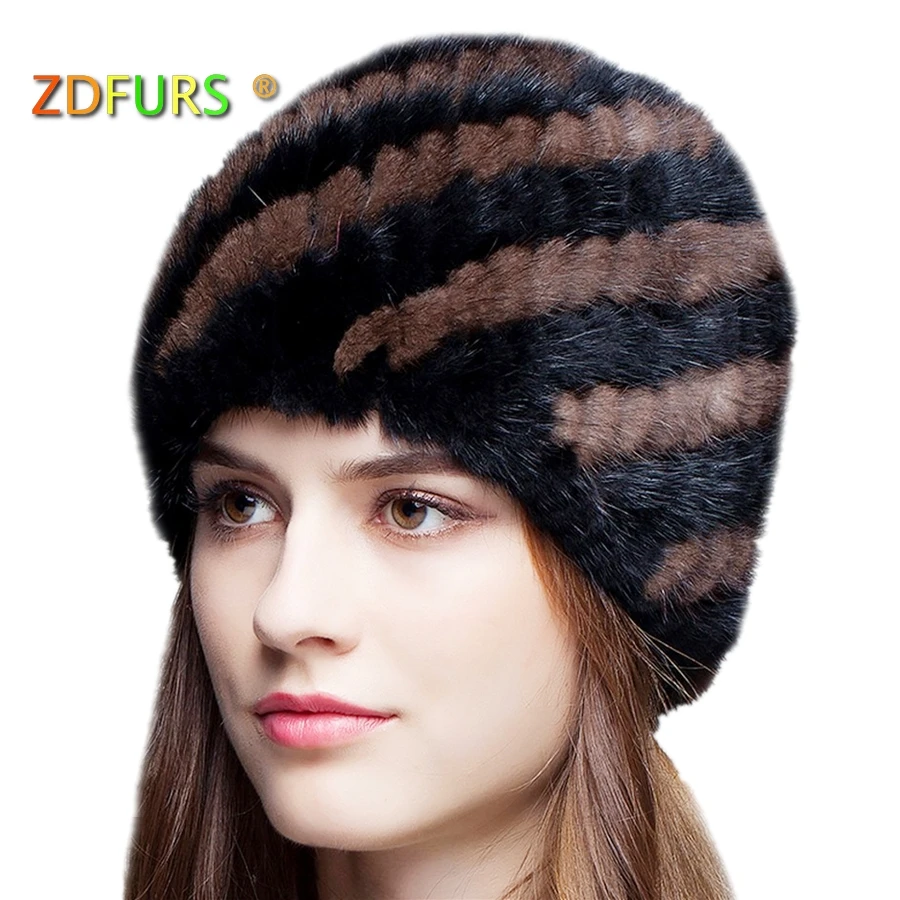 

ZDFURS *Winter Warm Hat for Women Real Mink Fur Knitted Beanies Cap Female Hats with Lining knitted mink fur hat ZDH-161017