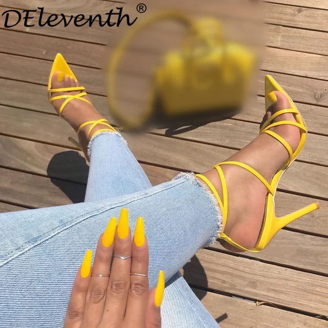 DEleventh New Designer Brand Fashion Pointed Toe Nichole High Heels Sandals Gorgeous Party Wedding Shoes SIMMI INS lILLY Yellow