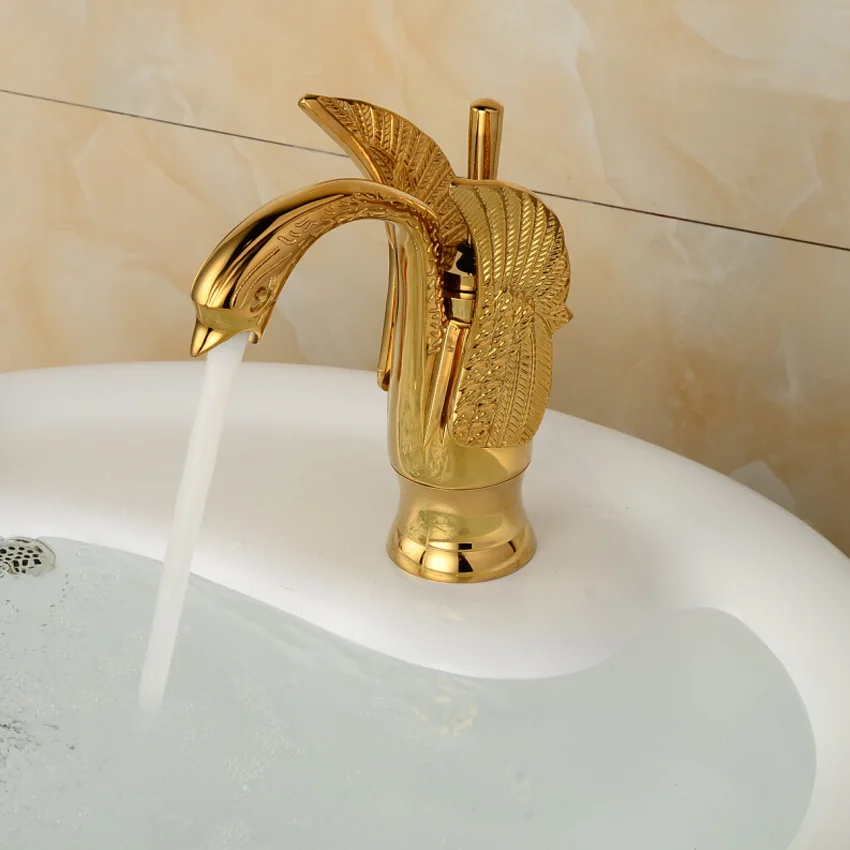 Swan Shape Single Hole Basin Sink Faucet Deck Mount Single Lever Bathroom Mixer Tap in Golden