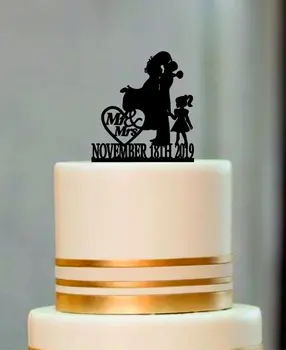 

Unique wedding cake topper, Mr and Mrs Wedding cake topper, Rustic.Family Wedding Cake Topper, Bride and Groom with little girl