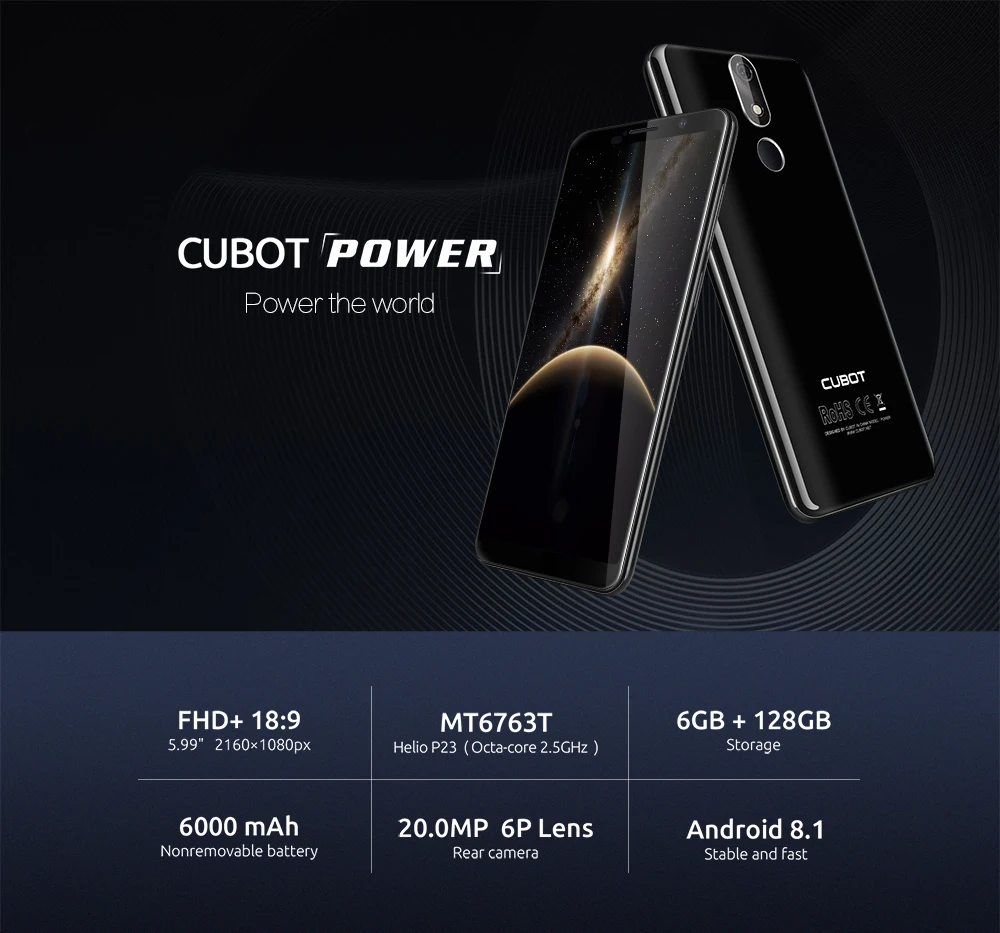 Cubot power, 5,99 дюймов, полный экран, 6 ГБ ОЗУ, 128 Гб ПЗУ, мобильный телефон MT6763T, четыре ядра, 6000 мАч, 4G, Android 8,1, отпечаток пальца, мобильный телефон