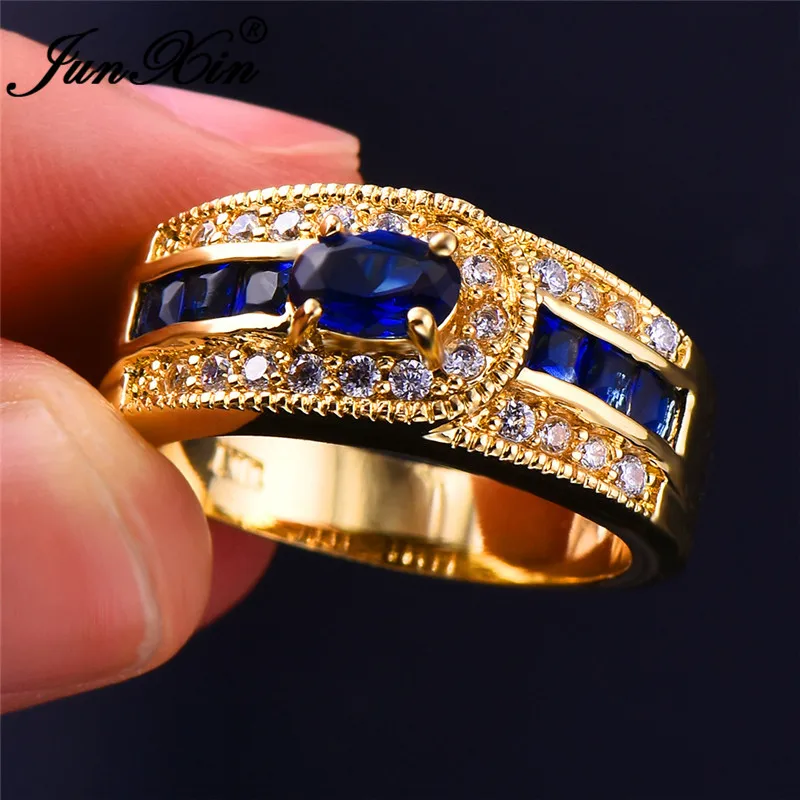 JUNXIN Luxury Jewelry Male Ring With Blue Zirconium Yellow Gold Filled Oval Square Stone Men Women Wedding Rings For Couples CZ