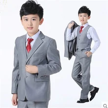 Однотонная серая Junior Куртки для мальчиков костюм Высокое качество; для свадьбы, праздничная одежда для мальчиков рубашка жилетка галстук, штаны, детский официальные, выпускные костюмы