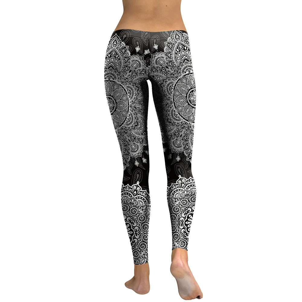 Black White Mandala Leggings Low waist Women's Comperession tight stretch Elastane Leggings (3)