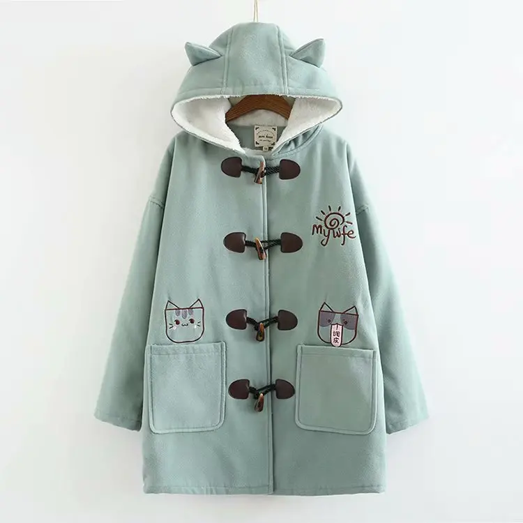 Pocket embroidery kitten horn button Thicken Woolen coat mori girl winter