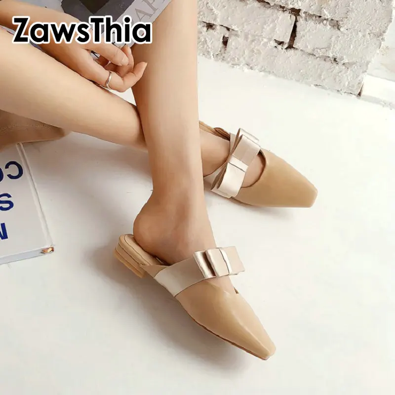 

ZawsThia summer fashion woman shoes casual flats flip flops pointed toe women slippers slides mules with bowtie knot big size 43