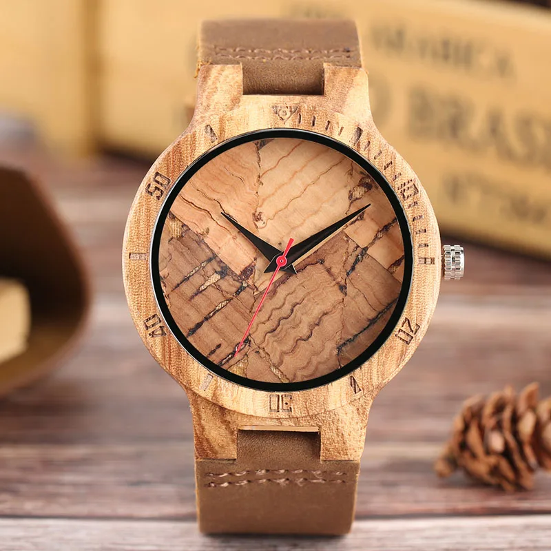 

Fashion Men Natural Wooden Watches Creative 100% Handmade Lightweight Male Quartz Wristwatch Genuine Leather Bangle Gift to Dad