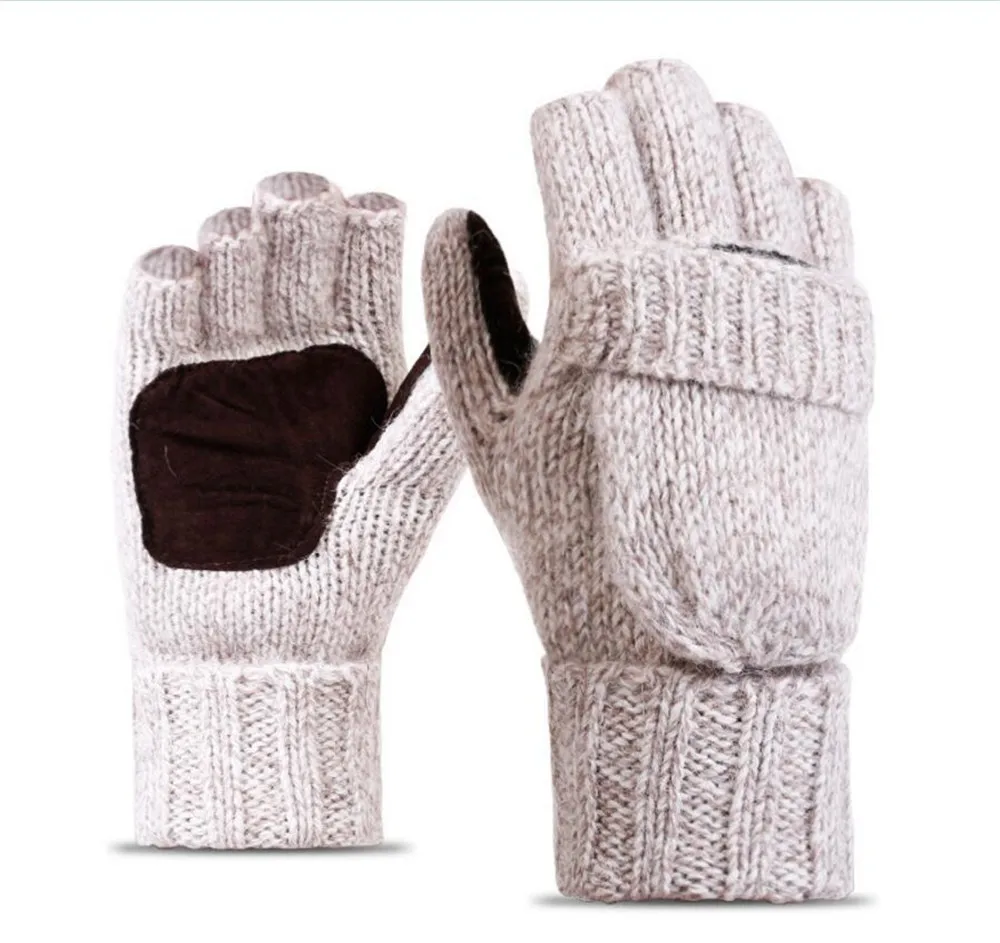 Men's Thinsulate Thick Wool Knitted Half Mitten Suede Palm Gloves Warm Outdoor Riding Gloves