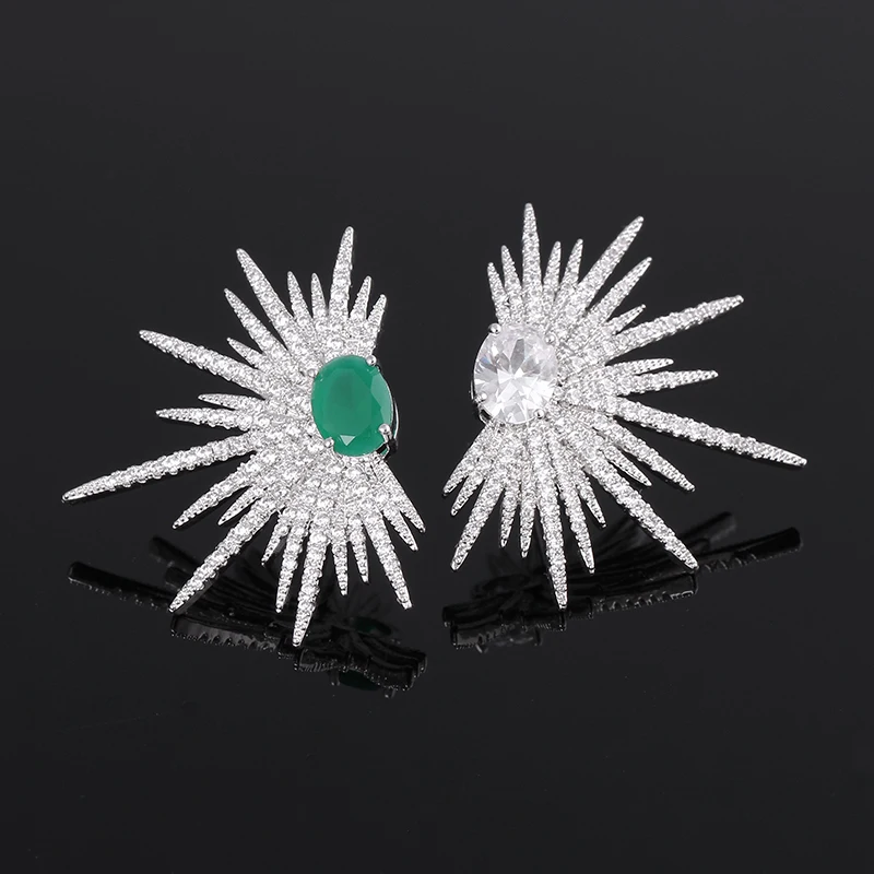 

XIUMEIYIZU Punk Style Spike Shape Earring Pave Cubic Zirconia Green Stone Sparkly Star Galaxy Big Stud Earrings