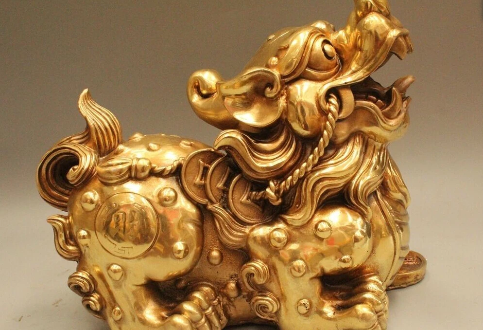 

9" Chinese Folk Brass Lucky Pixiu Beast Unicorn Ru Yi Ball Wealth Money Statue