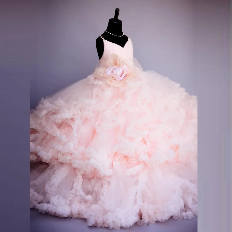

Pink Flower Girls Dresses Spaghetti Straps Ball Gown Ruffles Organza Pageant Dress for Girls Long Girl Dresses for Wedding