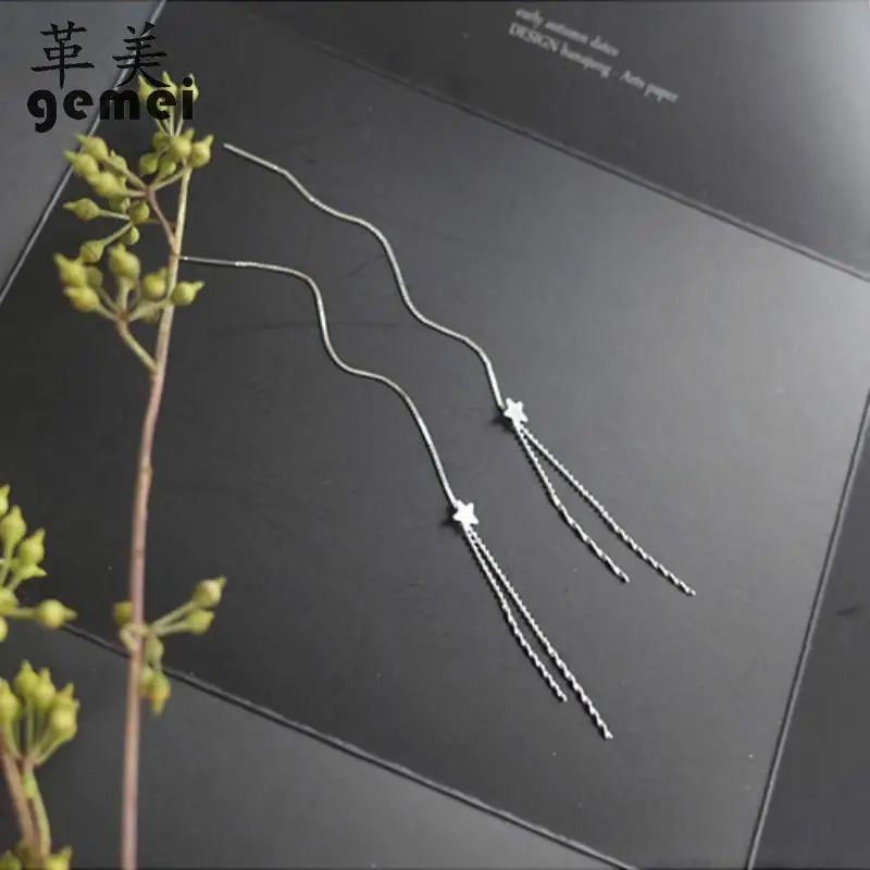 

Gemei 100% 925 Sterling Silver Long Tassel Star Drop Earrings For Women Simple Fashion Party Jewelry