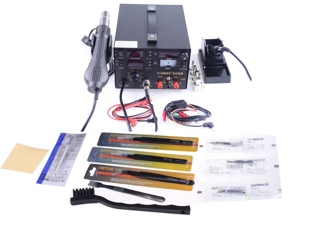 

110V or 220V Saike 909D 3 in 1 Heat Air Gun Solder Iron Soldering Station + Power Supply