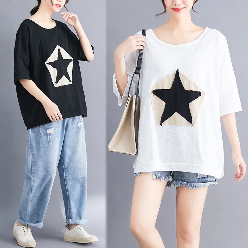 

Pentagram Appliques Plus size Women loose T shirt Star white harajuku Vogue tshirt tops tee 100% cotton oversized minimalist top