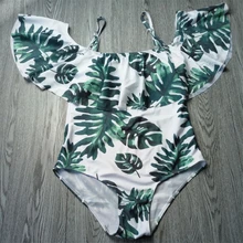 Сексуальный цельный купальник с открытыми плечами, женский купальник, пуш-ап, монокини, боди с рюшами, с принтом в виде листьев, купальник, купальный костюм