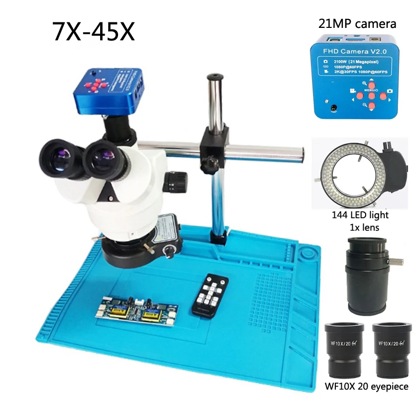 3,5-90X/7X-45X Тринокулярный Стерео микроскоп+ 1080P 21MP HDMI USB цифровой видео микроскоп камера+ 144 светодиодный свет+ коврик