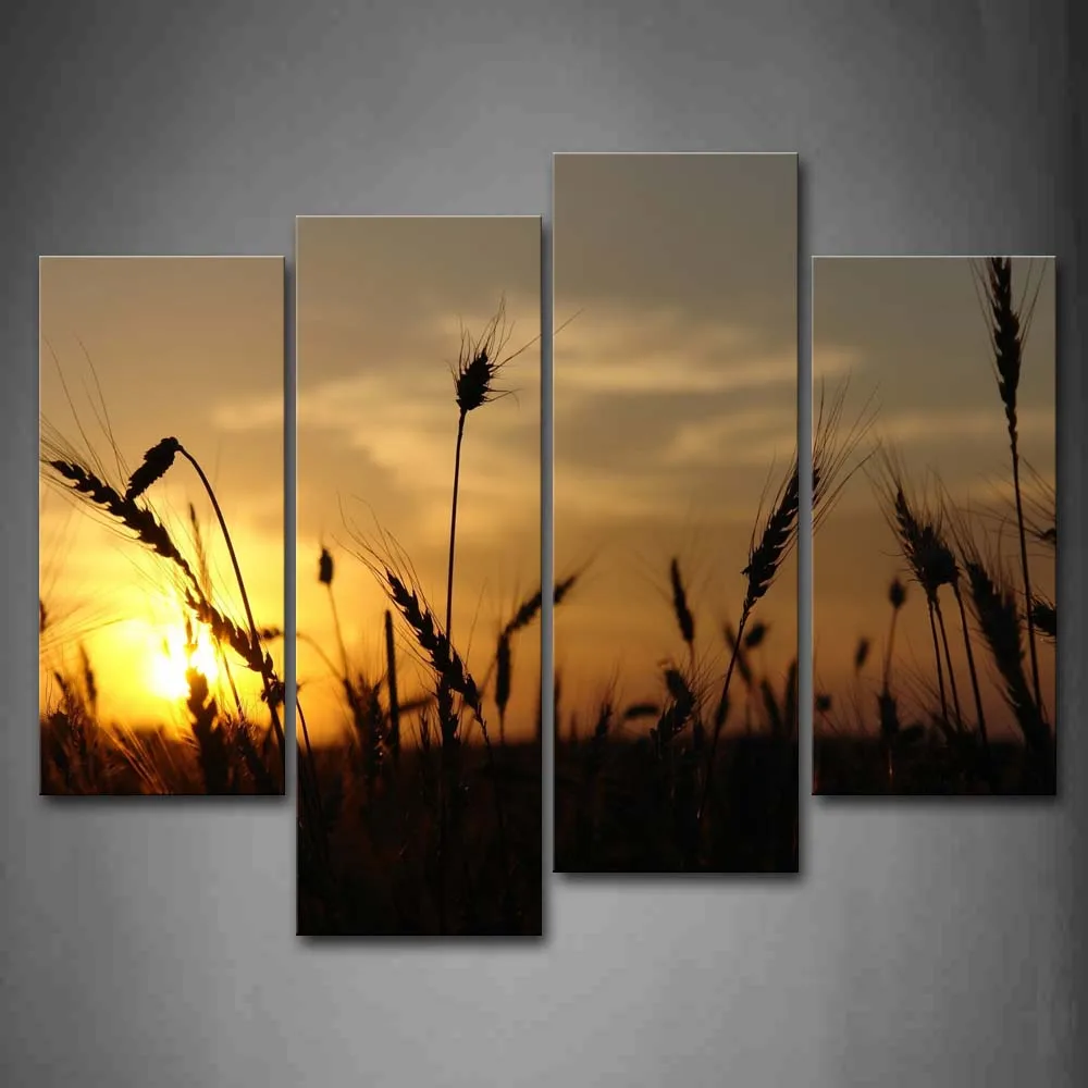 

Framed Wall Art Pictures Wheats Field Sunset Sky Canvas Print Botanical Modern Posters With Wooden Frame For Living Room