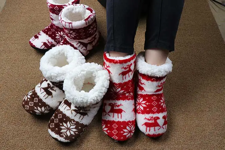 Зимние носки; женские домашние тапочки; Рождественская домашняя обувь с лосем; теплые домашние тапочки с плюшевой стелькой; нескользящая подошва; Botas Mujer