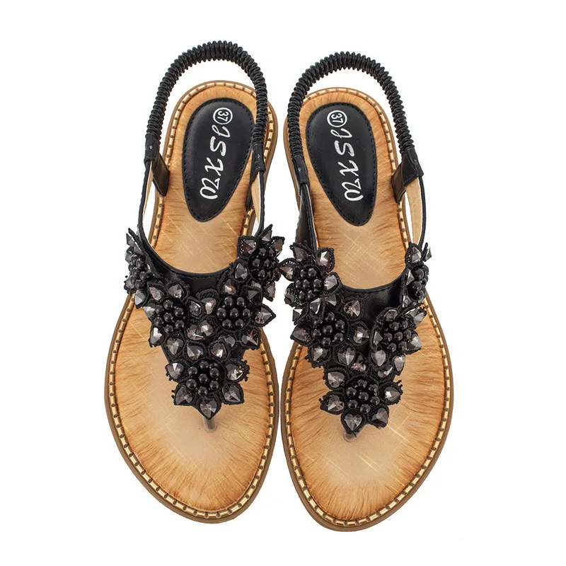 

2019 summer new style simple simple solid color boho style sandals women comfortable soft rhinestone flower decorative sandals.