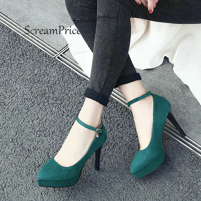 

Faux Suede Comfortable Platform With Buckle Strap Pumps Fashion Pointed Toe Dress Thin High Heel Women Shoes Black Blue