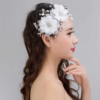 

Korean White Lace Flower Crystal Pearl Hair Combs Tiaras Women Headpiece Bridal Wedding Hair Jewelry Accessories For Bride