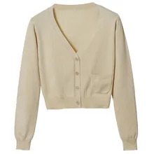 Новинка, повседневный короткий кардиган, женский тонкий однотонный вязаный кардиган с v-образным вырезом и длинным рукавом, пальто на весну и осень, женский свитер, пальто