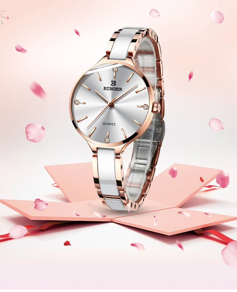 Швейцария BINGER 7 мм ультратонкий кварцевые часы дамской одежды розовое золото керамические наручные часы женские водонепроницаемые Montre Femme
