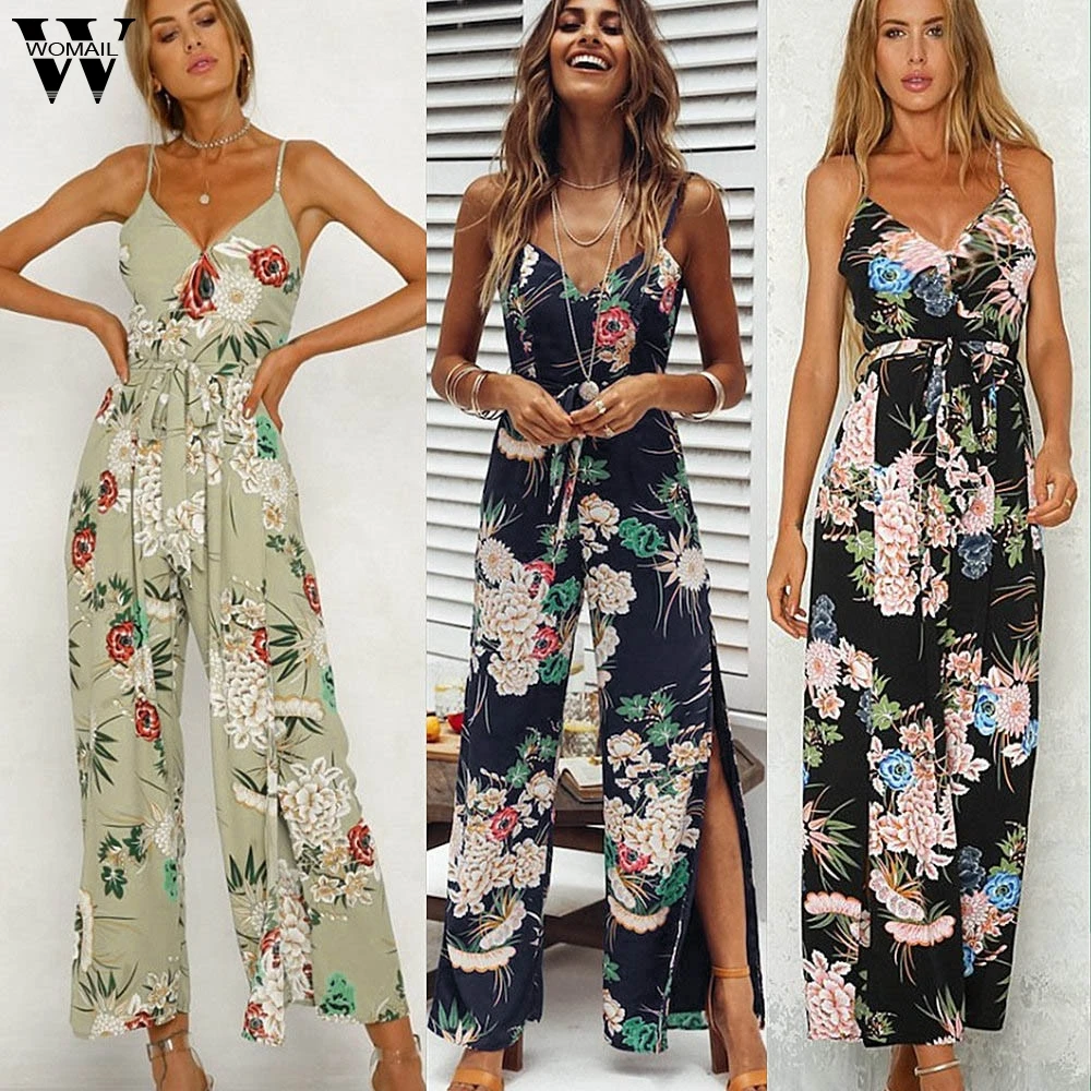 Womail ارتداءها المرأة الصيف والأزياء Strappy الزهور الشق طويل بنطلون Playsuits بذلة السروال القصير عطلة جديد 2019 دروبشيب M4