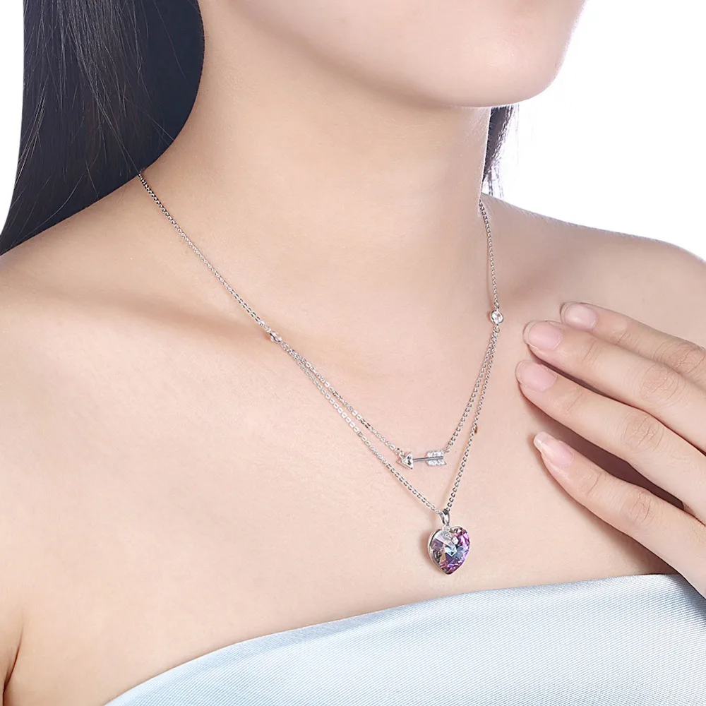 LEKANI Кристаллы из ожерелье Сваровски 925 в форме сердца Двухслойное двухцветное ожерелье с подвеской дамское романтическое сексуальное ожерелье
