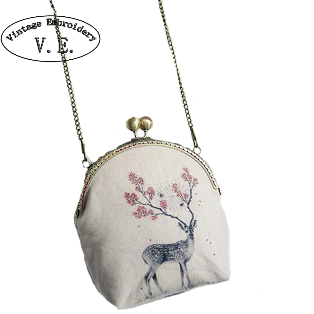 

Vintage Embroidery Women Crossbody Bags Mori Kisslock Day Clutch Deer Printed Mini Mobile Phone Card Key Shoulder Messenger Bag