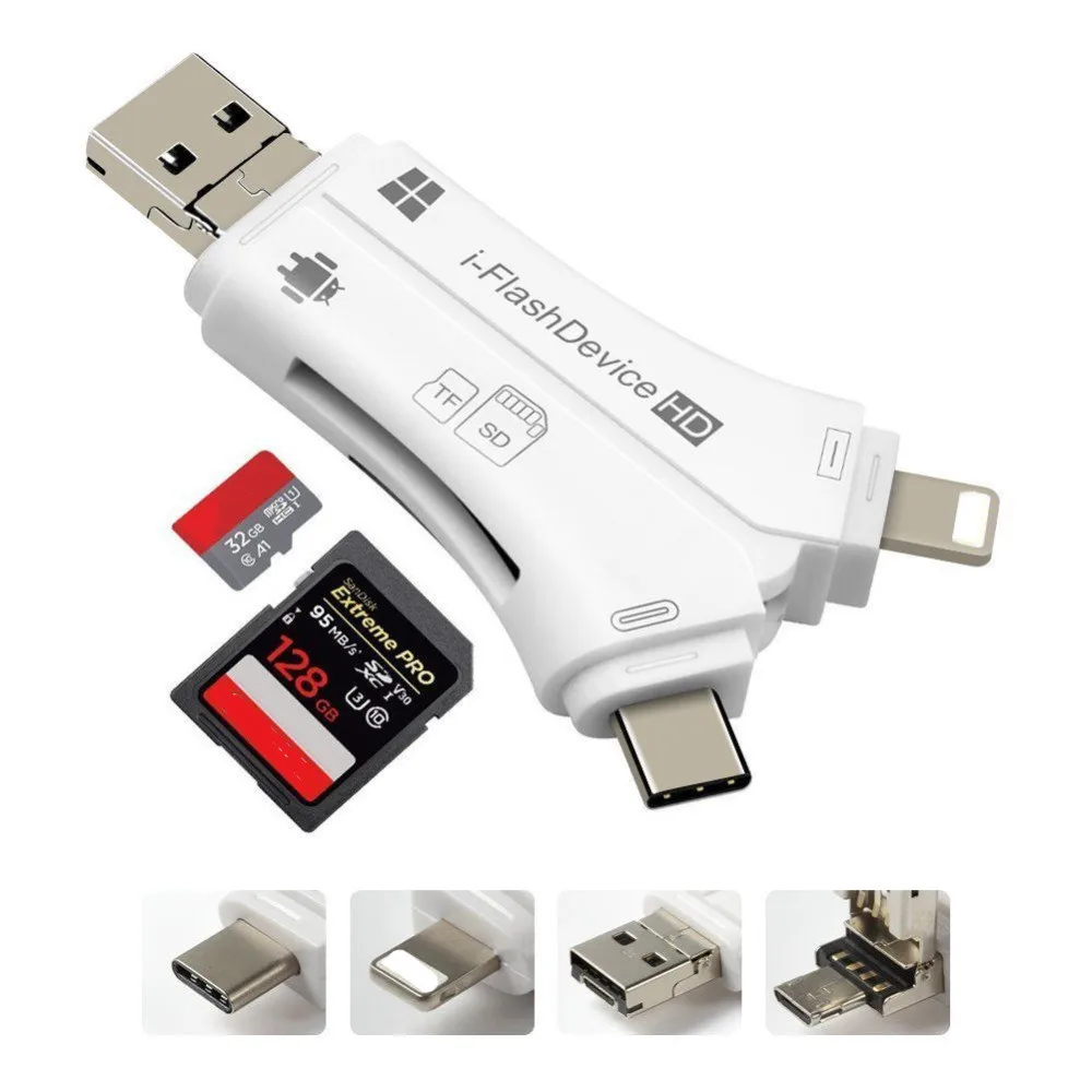 4 в 1 SD Card Reader USB Micro SD и TF Card Reader адаптер для iPhone iPad MAC Android Камера освещения и Тип-C удлинители