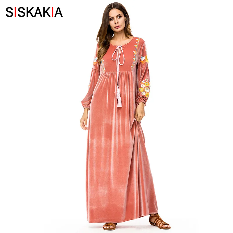 

Siskakia Chic Floral Embroidery Velvet long Dress Ethnic High Waist Swing A Line Dress Elegant Women Maxi Dresses Winter Pink